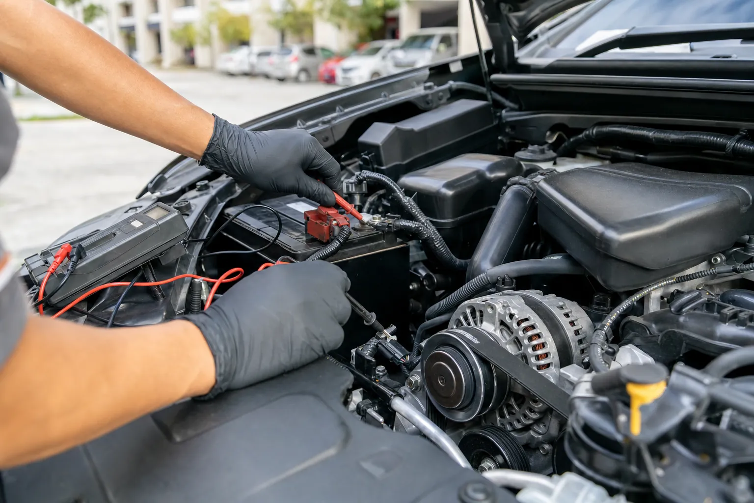 Gloved technician testing a car battery with multimeter leads beside the alternator and drive belt under an open hood