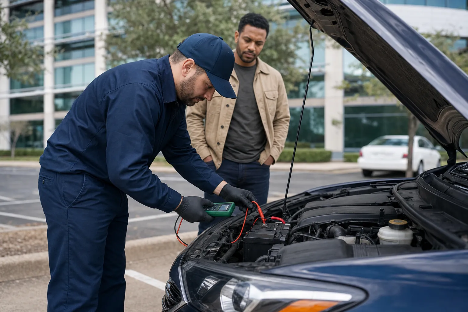 Mobile mechanic testing a vehicle battery at a safe parking location