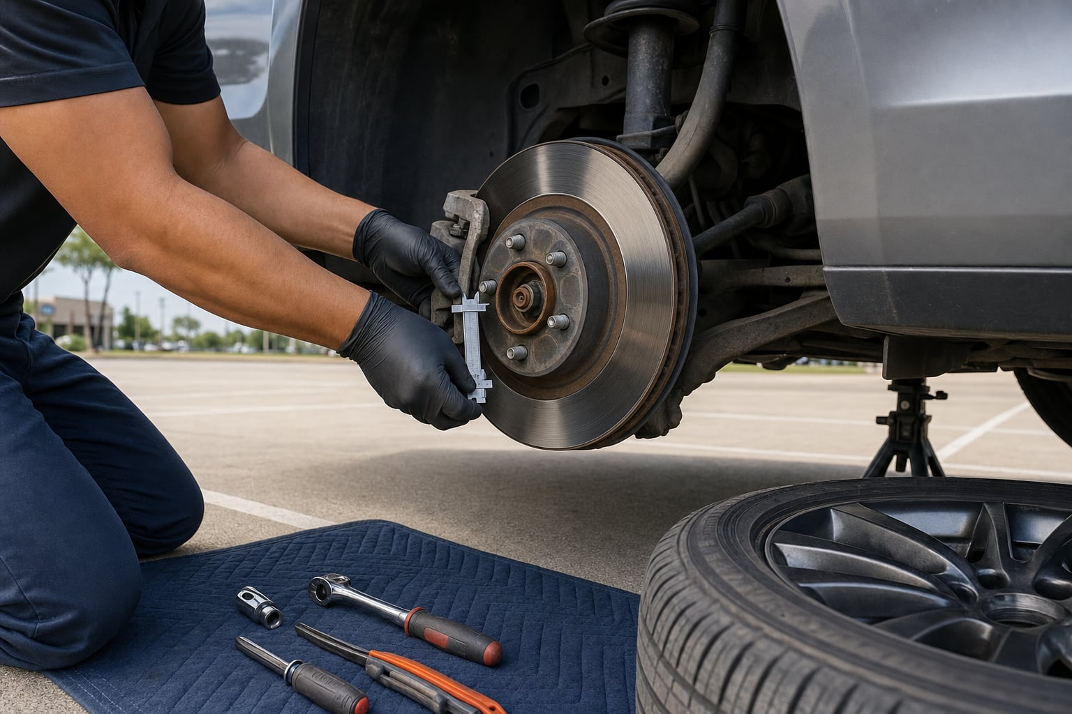 Technician measuring brake pad thickness with a caliper gauge beside an exposed rotor in a parking lot