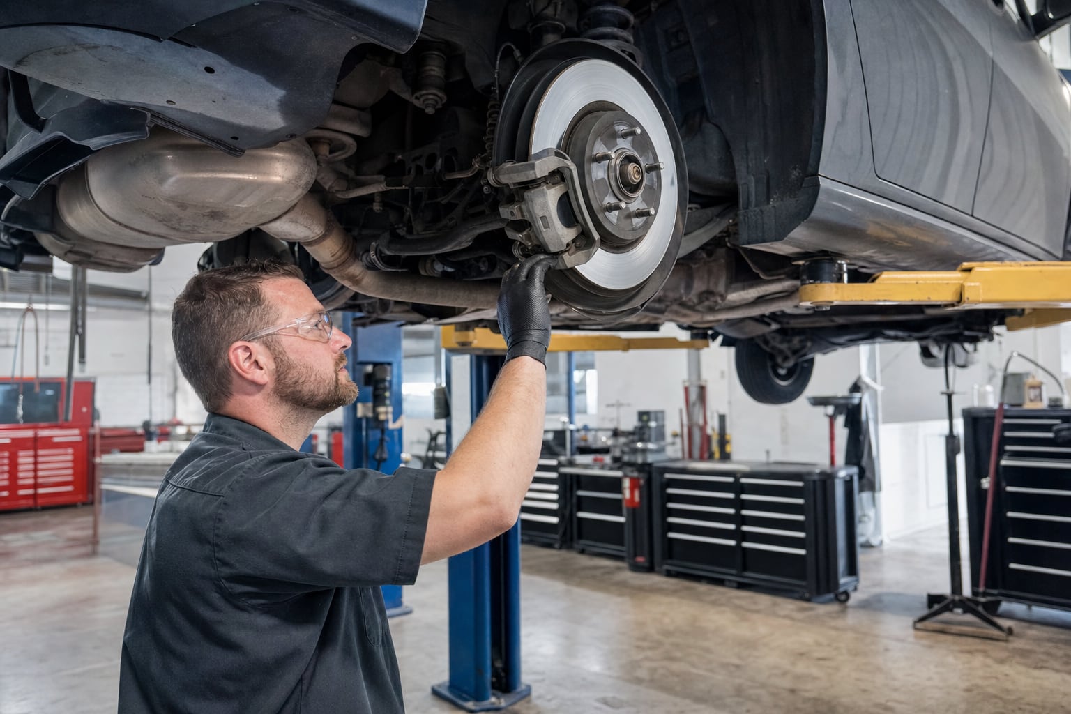 Technician inspecting brake hardware on a passenger vehicle raised on a lift in a repair shop