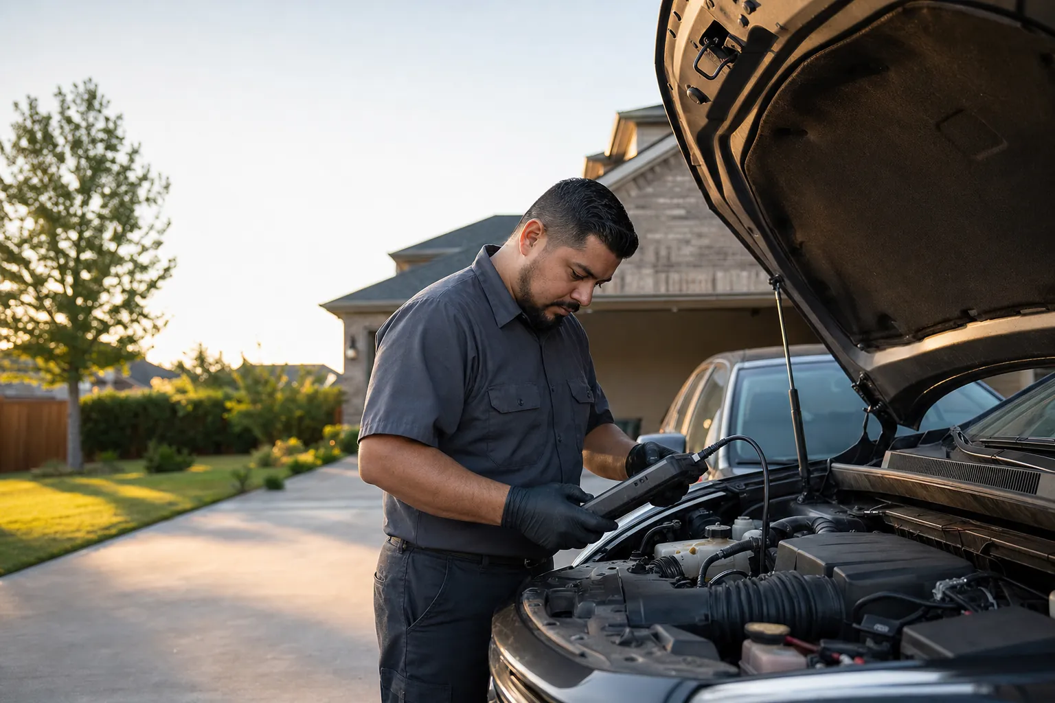 Mobile mechanic using a diagnostic scan tool beside an open vehicle hood in a driveway