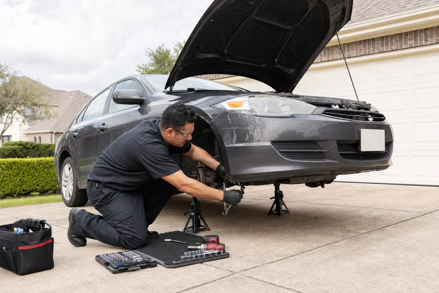 Mobile mechanic working beside the raised front corner of a car in a residential driveway