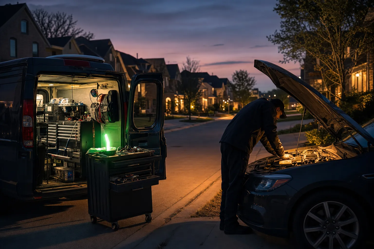 Rise High mobile mechanic service vehicle at a Dallas-Fort Worth driveway at dusk
