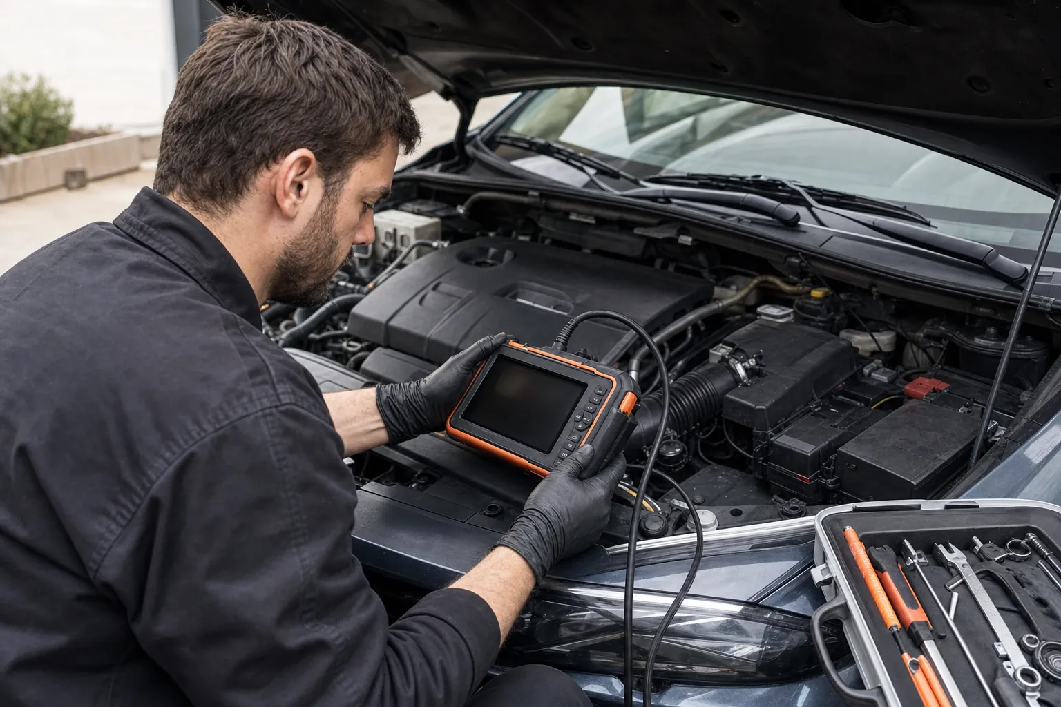 Mobile mechanic diagnostic tools beside an open vehicle hood