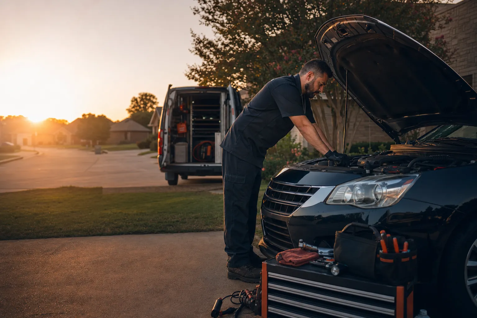 Mobile mechanic working beside a car in a Dallas-Fort Worth driveway