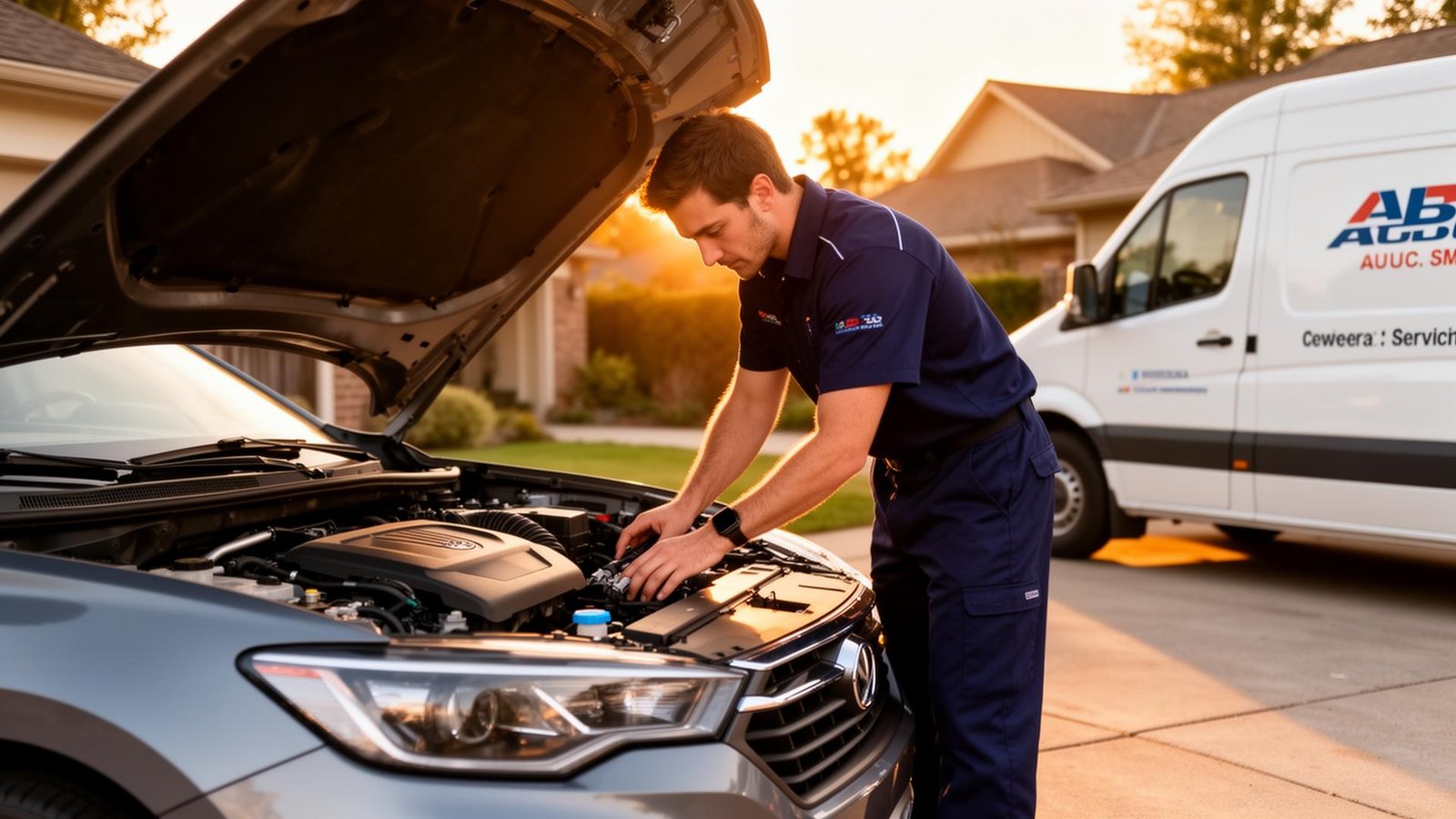 Mobile mechanic working on a customer vehicle in a residential driveway